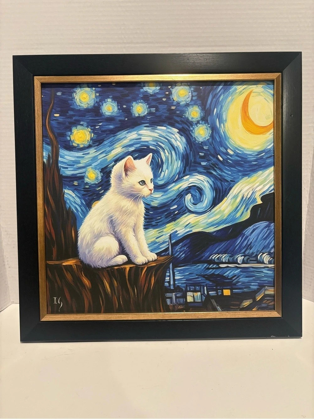 Cat Starry Night Framed Painting in Blue & Black 20 in